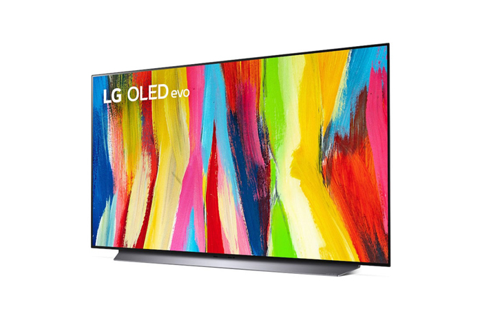 An LG C2 evo OLED TV is slightly tilted to the left